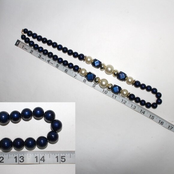 Blue, Silver Bead & Imitation Pearl 30" Long Resin Spring Ring Clasp Necklace - Picture 2 of 9
